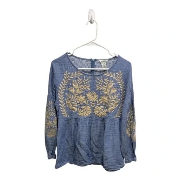 Sundance Embroidered Peplum Top Blue Tan L/S - Picture 6 of 6